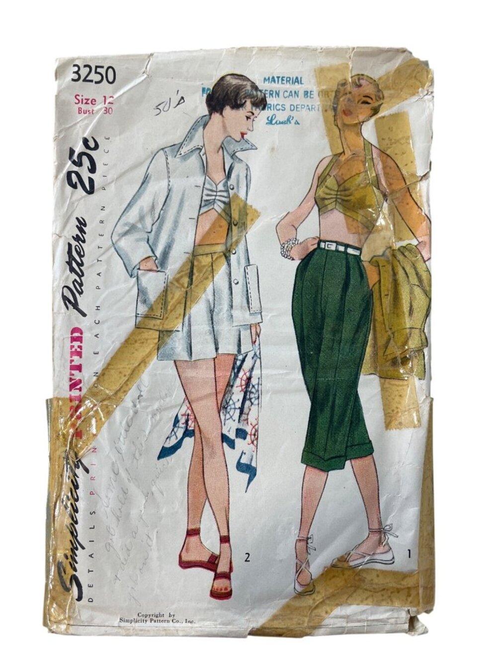 Vintage 50s Simplicity 3250 Pattern Size 12 Jacket Bra Shorts Pedal Pushers CUT